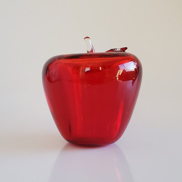 Blown Glass Red Apple - Handmade, Leaf Missing/Broken.