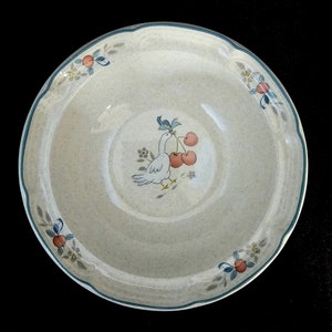 Marmeladensuppe / Salat / Müslischale, Vintage Intern&#39;l Tableworks Steingut (1980er Jahre). Gesprenkeltes Cremefarbenes Steinzeug mit Gänse- und Früchtemotiv.