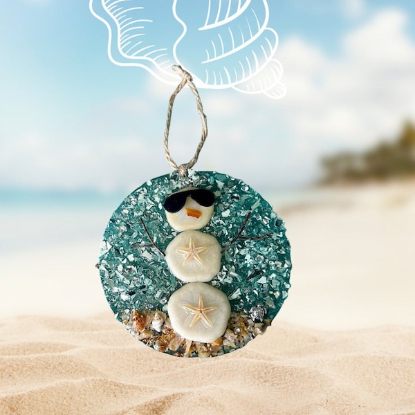 Coastal Beachy Christmas Snowman Ornament with Real Shells