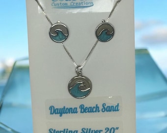 Sterling Silver Beach wave necklace/earring combo with real sand