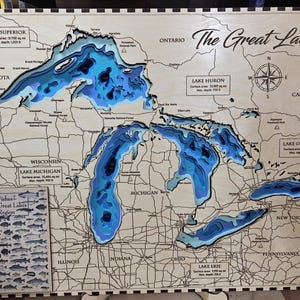 Layered Great Lakes Wood Map with 3D Depth • Lighthouse Wall Art • Laser Engraved Topographic Map • Lake House Decor • Michigan Gift