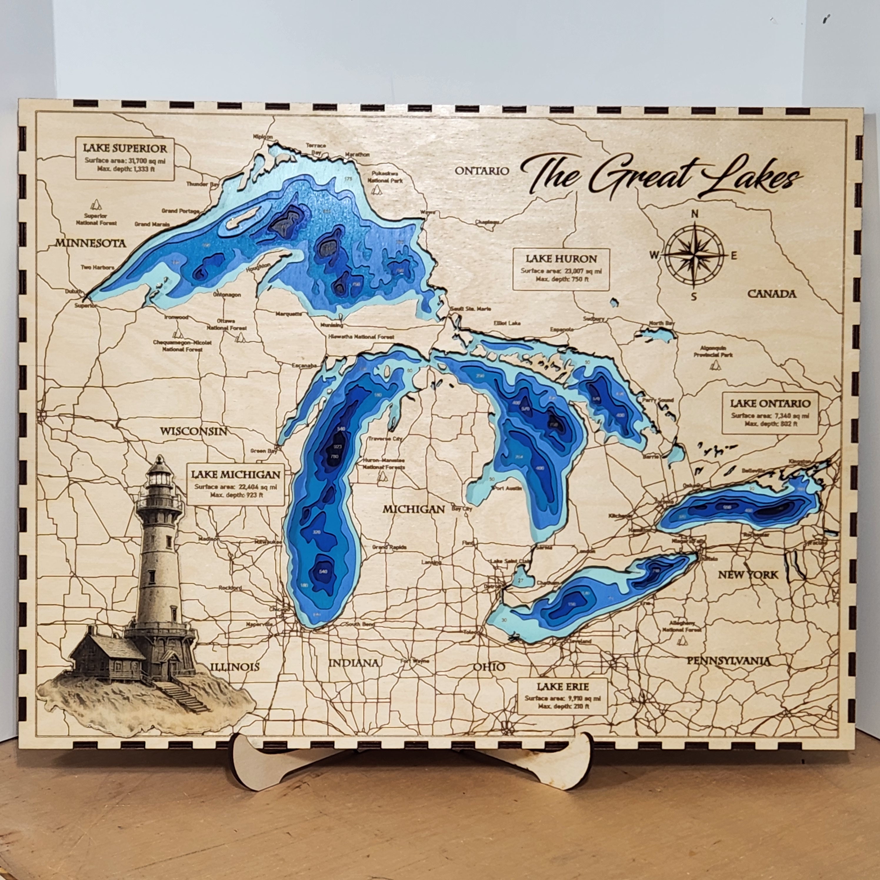 Great Lakes Wood Map • 3D Lake Michigan Wall Art • Layered Topographic