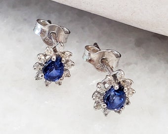Sapphire Earrings with 14k White Gold - Real Diamond Sapphire Earrings - Genuine Diamond Earrings - Gemstone Earrings - Birthstone Jewelry