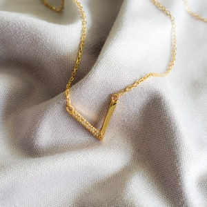 Dainty Diamond Chevron Necklace: 14k Solid Gold V Necklace