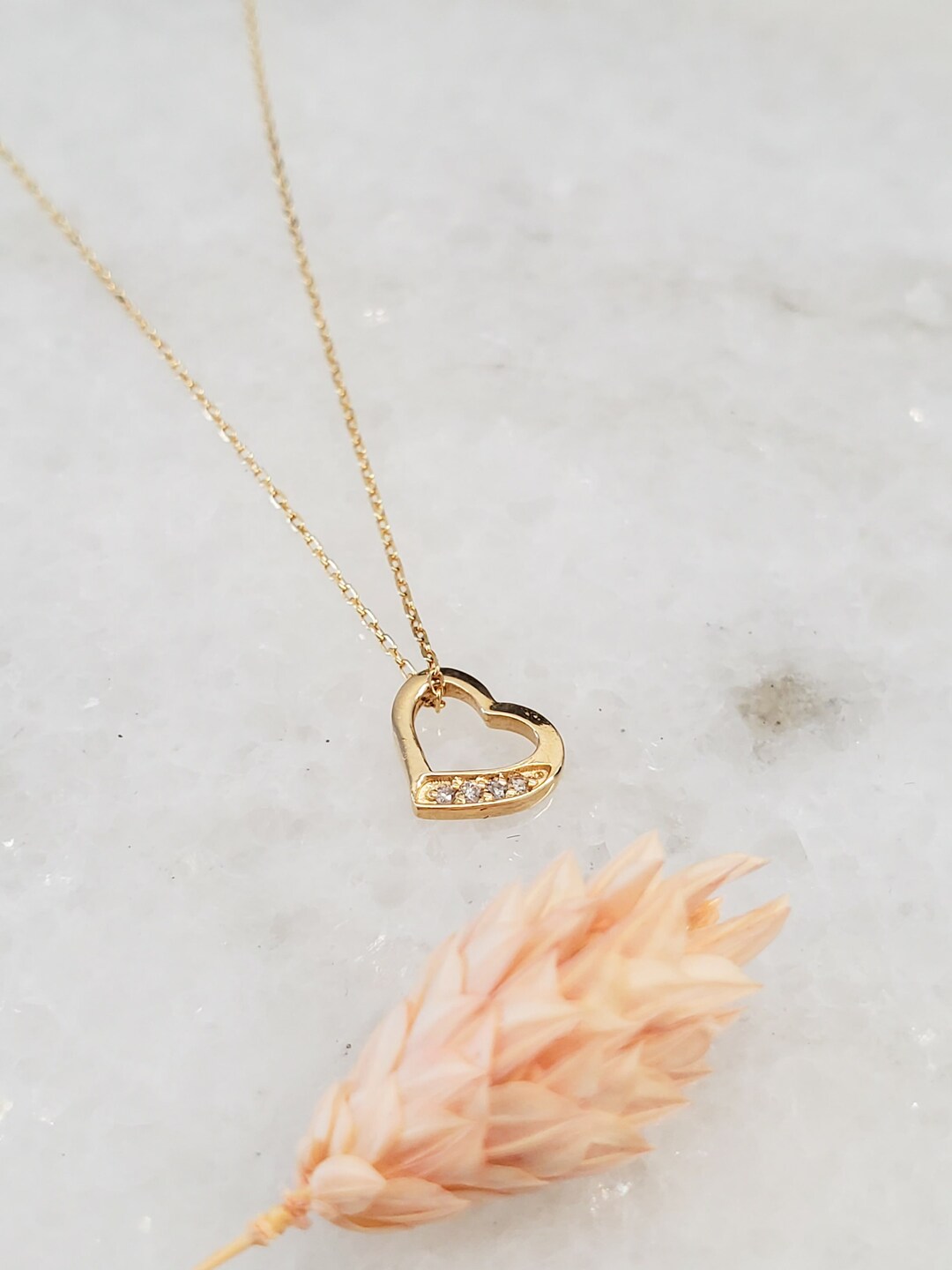Diamond Heart Necklace in 14k Solid Gold 14k Open Heart Etsy