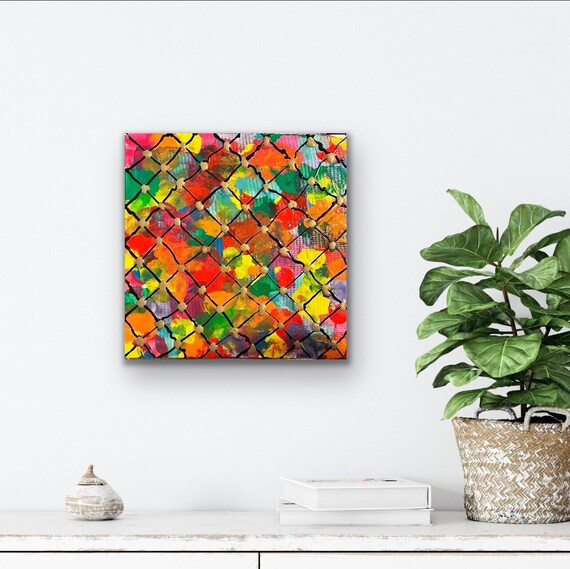 手作りアクリル抽象画：カラフルな正方形のキャンバスアート - Etsy 日本