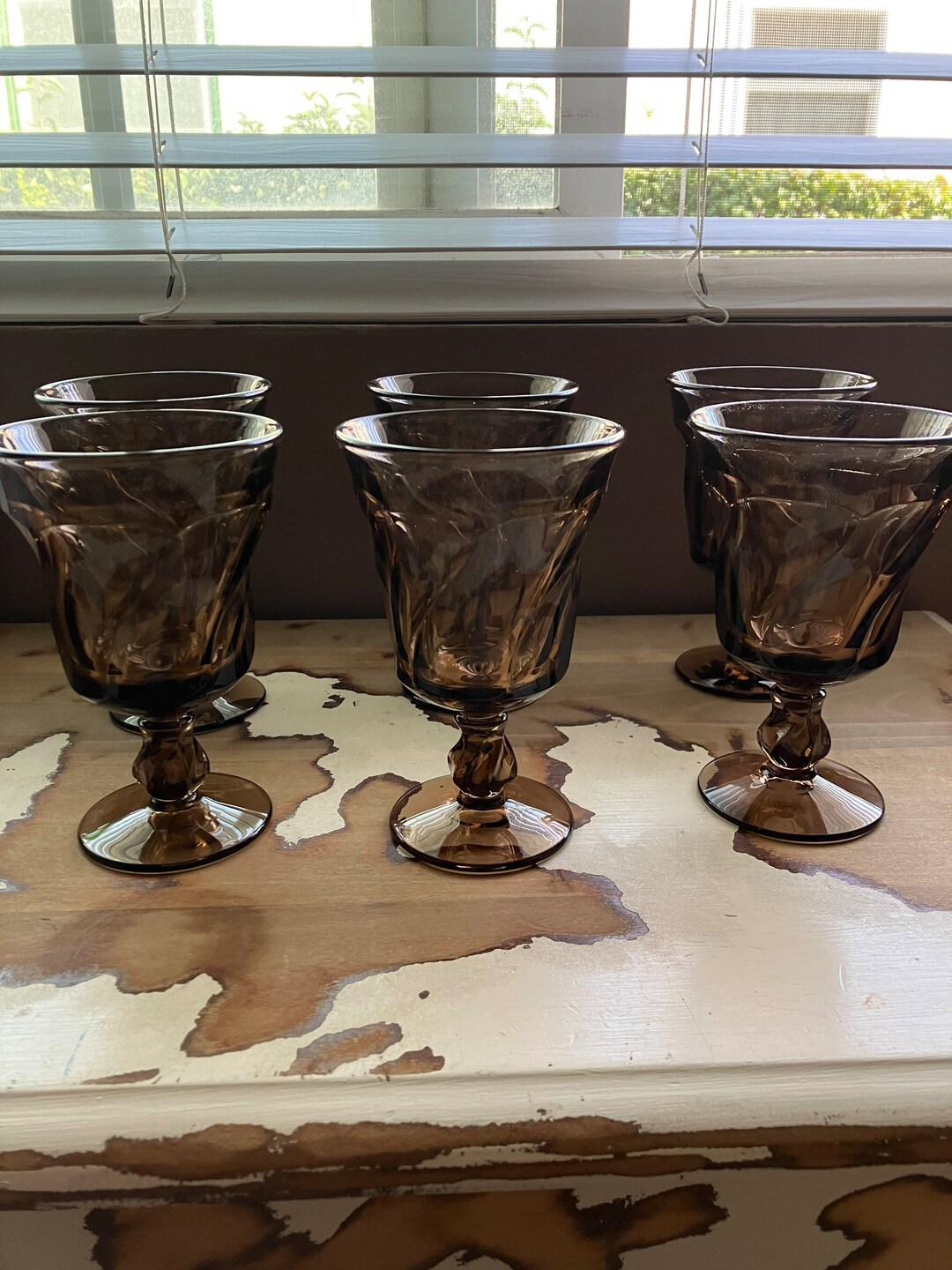 Elegant Fostoria Jamestown, 6 Vintage Glasses, Vintage Tumblers, Brown