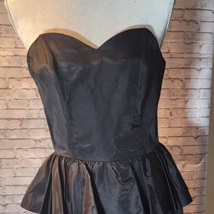 1960s Vintage Black Taffeta Peplum Cocktail Dress, Retro Formal Dress, Strapless Little Black Dress image 1