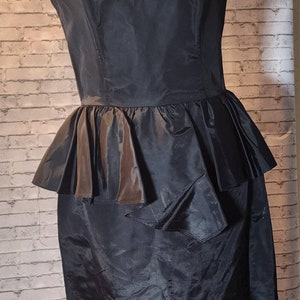 1960s Vintage Black Taffeta Peplum Cocktail Dress, Retro Formal Dress, Strapless Little Black Dress image 4