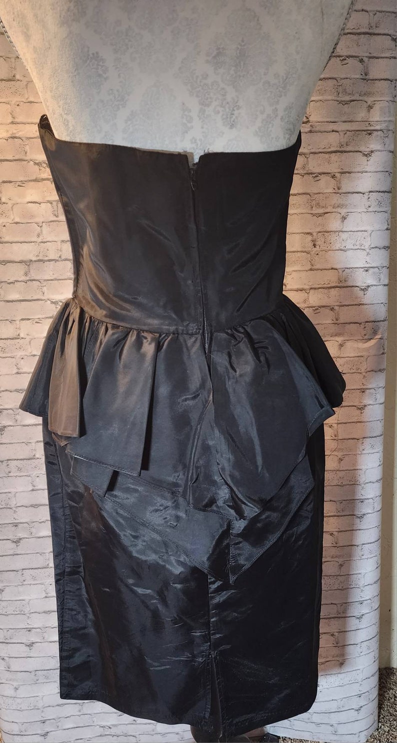 1960s Vintage Black Taffeta Peplum Cocktail Dress, Retro Formal Dress, Strapless Little Black Dress image 2