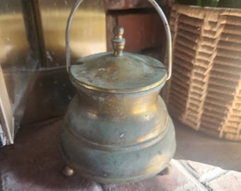 Antique Vintage Brass and Wrought Iron Smudge Pot , Patina  Smudge Pot with lid and handle