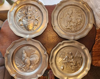 Set of 4 Pewter Pub Plates, Collectable 1920-1930 Hand Hammered Wall Plates