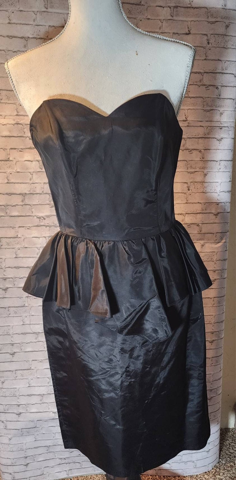 1960s Vintage Black Taffeta Peplum Cocktail Dress, Retro Formal Dress, Strapless Little Black Dress image 1