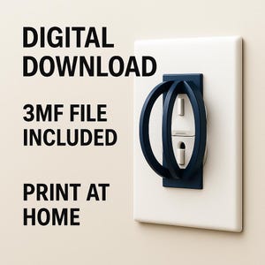 May include: A white electrical socket cover with a dark blue decorative element. The text "DIGITAL DOWNLOAD", "3MF FILE INCLUDED", and "PRINT AT HOME" is printed in black.