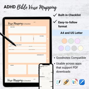 May include: A digital planner on a tablet and smartphone, featuring a peach-colored layout for Bible verse mapping. The planner includes sections for verse, keywords, context, and meaning. Text on the image reads "ADHD Bible Verse Mapping" and "Verse Mapping & Checklist."