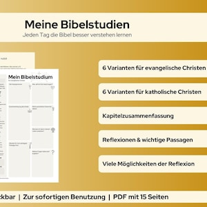 Könnte beinhalten: Ein druckbarer Bibelstudienleitfaden mit dem Titel "Meine Bibelstudien" und dem Text "Jeden Tag die Bibel besser verstehen lernen". Der Leitfaden enthält Abschnitte für das Alte Testament, das Neue Testament, Kapitelzusammenfassungen, Reflexionen und wichtige Passagen. Er ist in 6 Varianten sowohl für evangelische als auch für katholische Christen verfügbar.
