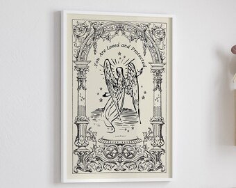 Angel Art Print, Protection Wall Art, Guardian Angel Printable, Vintage Digital Download, Black Beige Spiritual Art, Wings Gift for Her