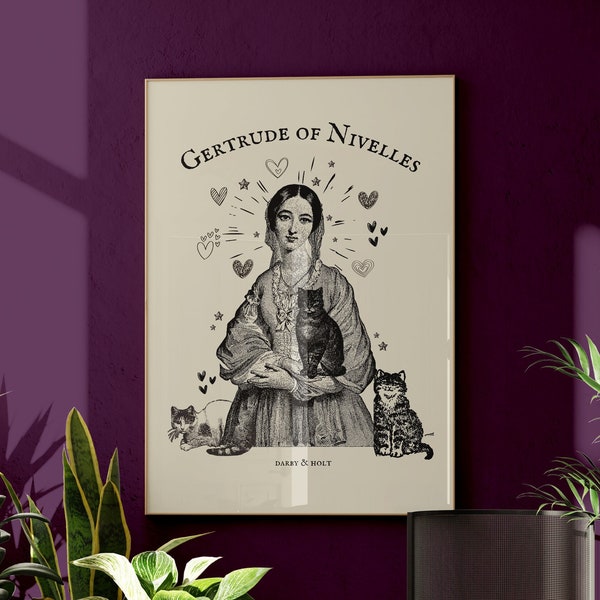 Patron Saint of Cats Gertrude of Nivelles Wall Art Cat Lover Gift Catholic Wall Art Print Saint Gertrude Cat Gift Digital Download Print