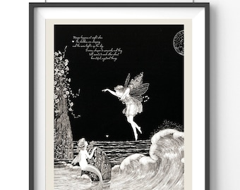 Mermaid Wall Art Fairy Nursery Print, Vintage Black and Beige Aesthetic Neutral Kids Decor, Magical Verse Wall Art Altered Print Download