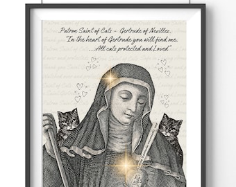 Heilige Gertrude Von Nivelles Wandkunst Schutzpatronin der Katzen | Hl. Geretrudis | Katzenliebhaber Geschenk | Schütze meine Katze | Katze Wandkunst | Haustierschutz