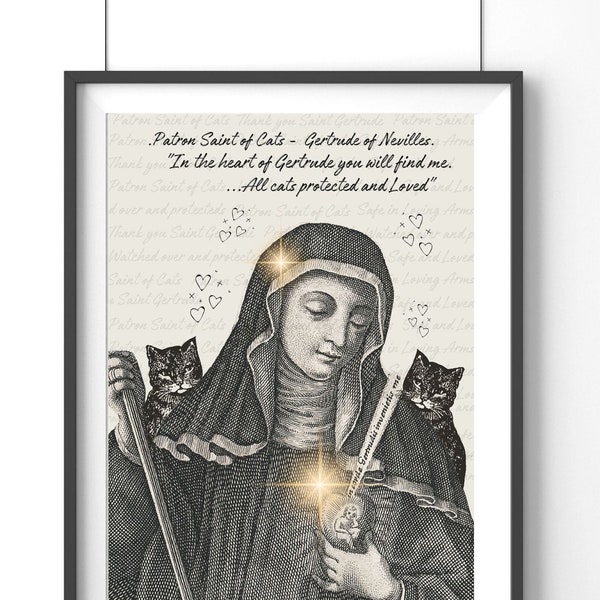 Sint Gertrude van Nijvel Wall Art Patroonheilige van katten | Sint Geretrudis | Kattenliefhebber cadeau | Bescherm mijn kat | Kat kunst aan de muur | Bescherming van huisdieren