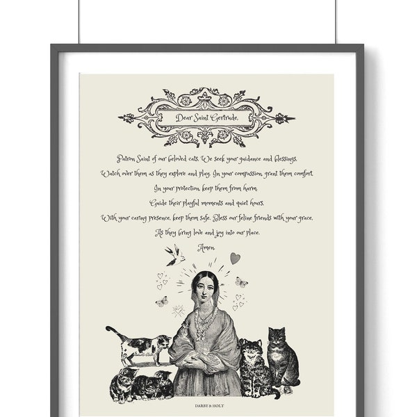 Gebed patroonheilige van katten, Sint Gertrude Nijvel, Sint Geretrudis, kattenliefhebber cadeau, bescherm mijn kat, huisdierbescherming, patroonheilige katten print