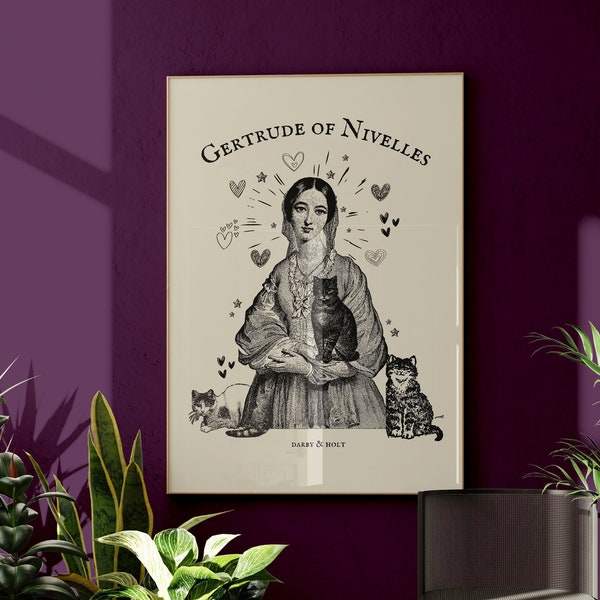 Patron Saint of Cats Gertrude of Nivelles Wall Art, Cat Lover Printable, Saint Gertrude Cat Protection Gift, Digital Download Protect My Pet