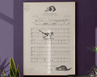 Vintage Sheet Music Cat Wall Art Digital Download Whimsical Printable Cat Lover Gift Cat Mama Cute Kitty Art Decor Black and White Antique