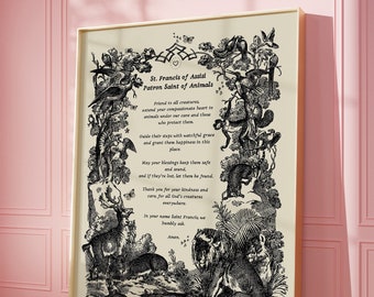 Könnte beinhalten: Gerahmter Druck mit einer detaillierten Schwarz-Weiß-Illustration von Tieren, darunter ein Löwe, ein Hirsch und Vögel, die Text umgeben. Der Text lautet "St. Francis of Assisi Patron Saint of Animals" und ein Gebet. Das Kunstwerk befindet sich in einem goldenen Rahmen.