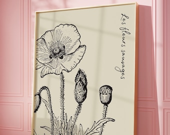 Poppy Wall Art, Flower Black Beige Aesthetic, Japandi Art, Line Art Print, Poppy Print, French Minimilist Decor, Neutral Col