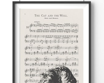 Cute Vintage Cat Print, Sheet Music Wall Art Digital Download, Black Beige Color Decor, Kittens Antique Print Gift for Cat and Music Lover