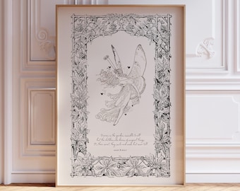 Vintage Fairy Print Wall Art  Black Beige, Original Verse, Nursery Decor Girls Neutral Color Digital Download, Vintage Boho Nursery Print