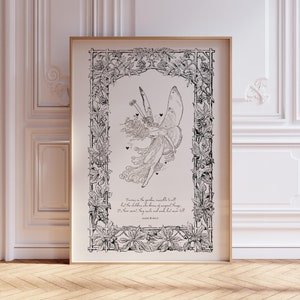 Vintage Fairy Print Wall Art Black Beige, Oryginalny wiersz, Wystrój pokoju dziecięcego Dziewczęta Neutral Color Digital Download, Vintage Boho Nursery Print