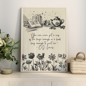 Tea Quote Kitchen Wall Art Gift, Bookish Print, Vintage Tea Pot, CS Lewis Quote, Beige Black Print, Books Digital Download Cafe Printable