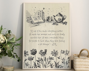 Tea Lover Print, Kitchen Wall Art Gift, Bookish Quote Art Printable, Vintage Floral, Book Lover Print, Beige Black Decor Digital Download