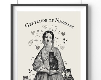Patron Saint of Cats Gertrude of Nivelles Wall Art, Cat Lover Printable, Saint Gertrude Cat Protection Gift Digital Download Protect My Pet