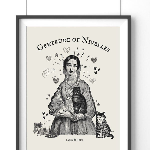 Patroonheilige van katten Gertrude van Nijvel Kunst aan de muur, kattenliefhebber afdrukbaar, Saint Gertrude Cat Protection Gift Digitale Download Bescherm mijn huisdier