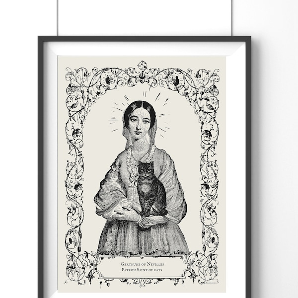 Saint Gertrude of Nevilles Wall Art Patron Saint of Cats Digital Download Poster Cat Lovers Printable Gift Cat Mom Pet Protection
