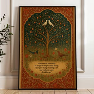 Peut inclure: Impression d'art encadrée avec un arbre stylisé, des oranges, des colombes et des oiseaux. L'œuvre d'art présente un schéma de couleurs vert foncé et orange avec des accents floraux. Le texte dit: "Dieu, donne-moi la sérénité d'accepter les choses..."
