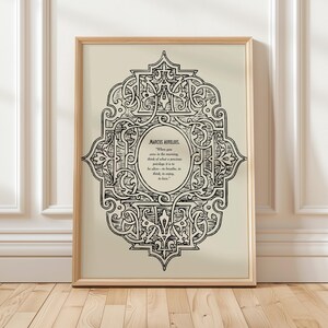 May include: Black and white printable art print with an ornate design and a quote by Marcus Aurelius: "When you arise in the morning, think of what a precious privilege it is to be alive - to breathe, to think, to enjoy, to love."
