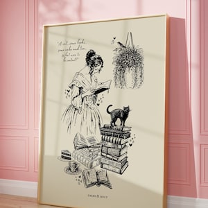Arte da parete libresca stampabile, arredamento libresco vintage, estetica Beige nera, arte rilassante per gli amanti dei libri, download digitale, stampa del tè con torta mamma gatto