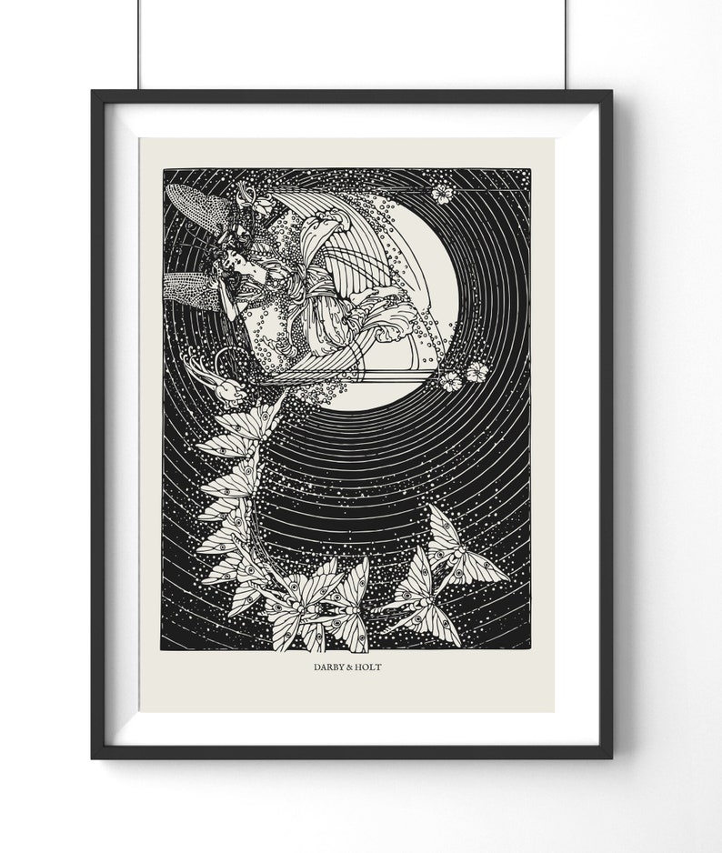 May include: Black and white illustration of a woman with long hair and a flowing dress riding on a crescent moon. She is surrounded by a ring of butterflies with large, detailed eyes. The text "DARBY & HOLT" is at the bottom of the image.