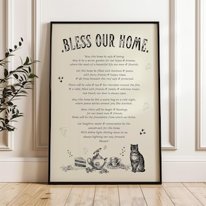 Bless Our Home, Prezent na Nowy Dom, Wiersz o Błogosławieństwie Domu, Prezent dla Miłośnika Książek Vintage Cat, Dekoracje Na Parapetówkę, Wydruki Cottagecore, Wydruk Wiersza Książkowego