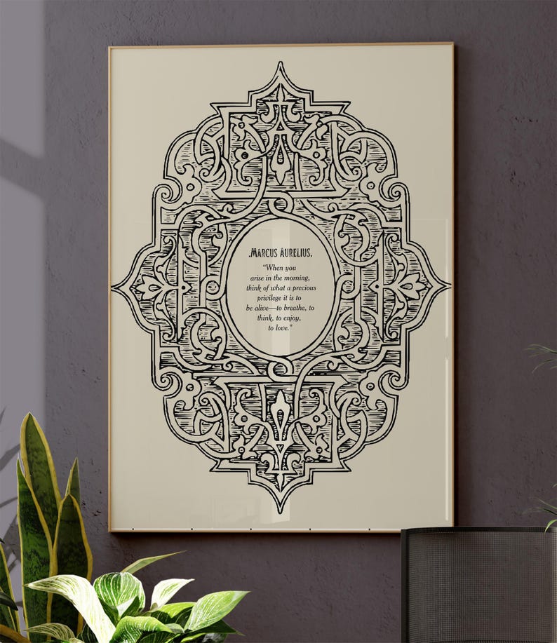 May include: A black and white printable art print with a decorative border and a quote by Marcus Aurelius: "When you arise in the morning, think of what a precious privilege it is to be alive - to breathe, to think, to enjoy, to love."