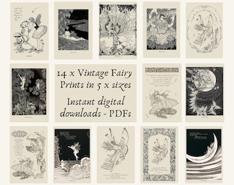 Vintage Fairies Wall Art Bundle Set x 14 Prints, Digital Download, Ida Outhwaite Fairy Illustrations, Whimsical Wall Art Decor, Unique Art