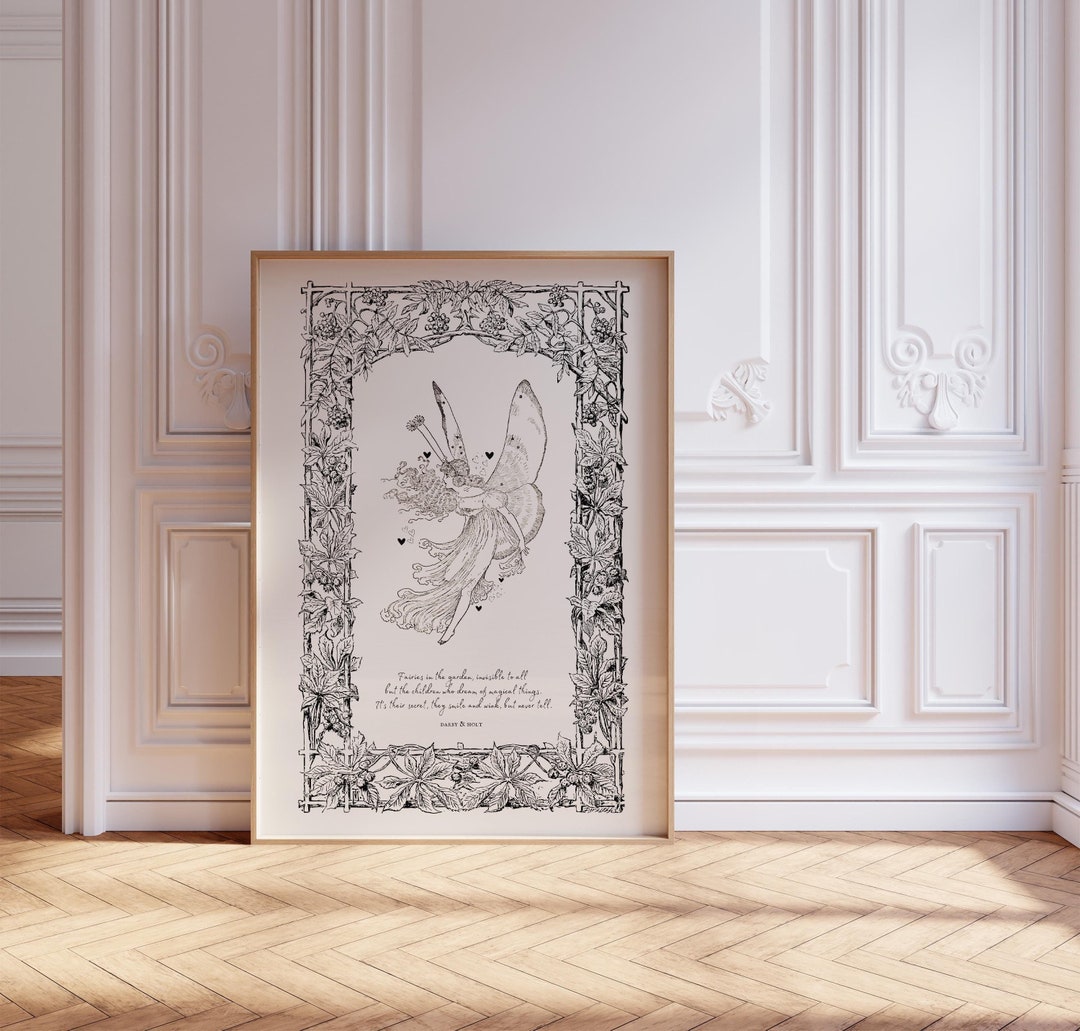 Vintage Fairy Print Wall Art Black Beige, Original Verse, Nursery Decor Girls Neutral Color Digital Download, Vintage Boho Nursery Print