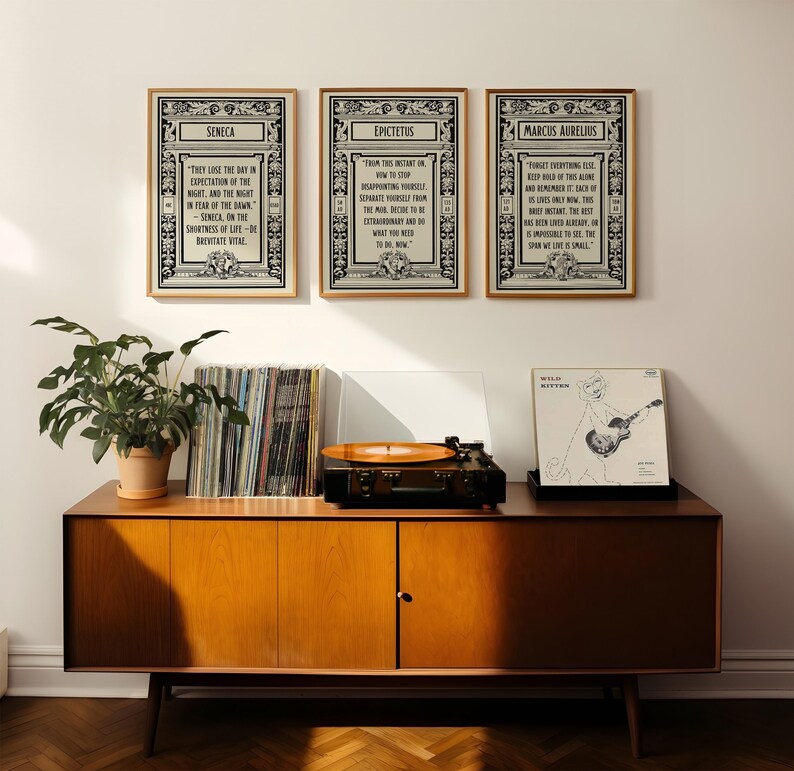 3 posters featuring quotes by the Stoics like Marcus Aurelius, Seneca, Epictitus in black and beige. Set of 3 digital downloads, instant print