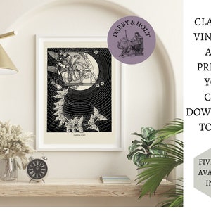 May include: Black and white vintage illustration of a woman playing a harp with a crescent moon in the background. The illustration is framed and hanging on a wall. The text "DARBY & HOLT" is visible in the upper right corner of the image.