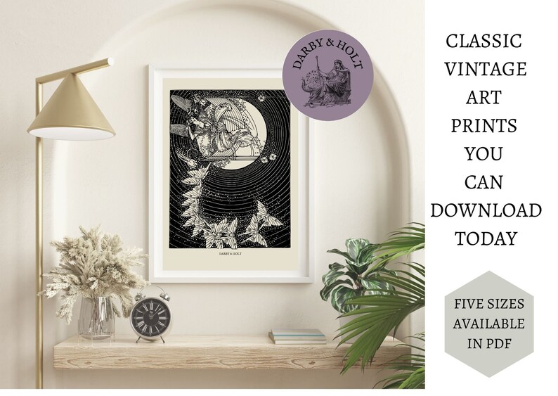 May include: Black and white vintage illustration of a woman playing a harp with a crescent moon in the background. The illustration is framed and hanging on a wall. The text "DARBY & HOLT" is visible in the upper right corner of the image.