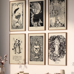 May include: Set of six black and white vintage illustrations printed on cream paper with black frames. The illustrations feature a mermaid, a couple, a cow, a woman in a forest, a woman in a web, and a woman in a carriage.